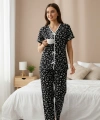 Kadın Siyah Kalp Desenli Fiyonklu Kısa Kollu Uzun Pijama Takımı
