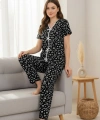 Kadın Siyah Kalp Desenli Fiyonklu Kısa Kollu Uzun Pijama Takımı