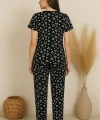Kadın Siyah Kalp Desenli Fiyonklu Kısa Kollu Uzun Pijama Takımı