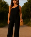 Kadın Siyah Tek Omuzlu Şık Bluz & Geniş Paça Pantolon İkili Takım