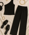 Kadın Siyah Tek Omuzlu Şık Bluz & Geniş Paça Pantolon İkili Takım