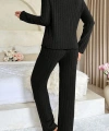 Kadın Siyah Uzun Kollu Fiyonklu Yuvarlak Yaka Mevsimlik Pijama Takımı
