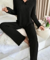 Kadın Siyah Uzun Kollu Fiyonklu Yuvarlak Yaka Mevsimlik Pijama Takımı