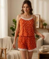 Kadın Turuncu Kalp Desenli Askılı Şortlu Dantelli Pijama Takımı