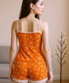 Kadın Turuncu Kalp Desenli Askılı Şortlu Dantelli Pijama Takımı