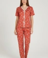 Kadın Turuncu Kalp Desenli Fiyonklu Kısa Kollu Uzun Pijama Takımı