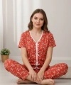 Kadın Turuncu Kalp Desenli Fiyonklu Kısa Kollu Uzun Pijama Takımı
