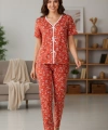 Kadın Turuncu Kalp Desenli Fiyonklu Kısa Kollu Uzun Pijama Takımı