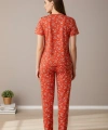 Kadın Turuncu Kalp Desenli Fiyonklu Kısa Kollu Uzun Pijama Takımı