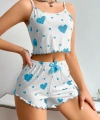 Kadınbeyaz Mavi Kalp Desenli Askılı Şortlu Pijama Takım 6657
