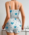 Kadınbeyaz Mavi Kalp Desenli Askılı Şortlu Pijama Takım 6657
