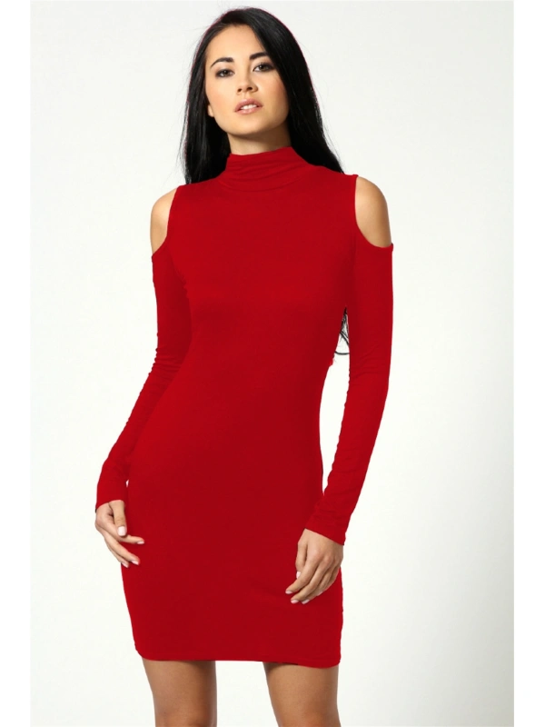 B101177 Omuzu Açık Uzun Kollu Elbise