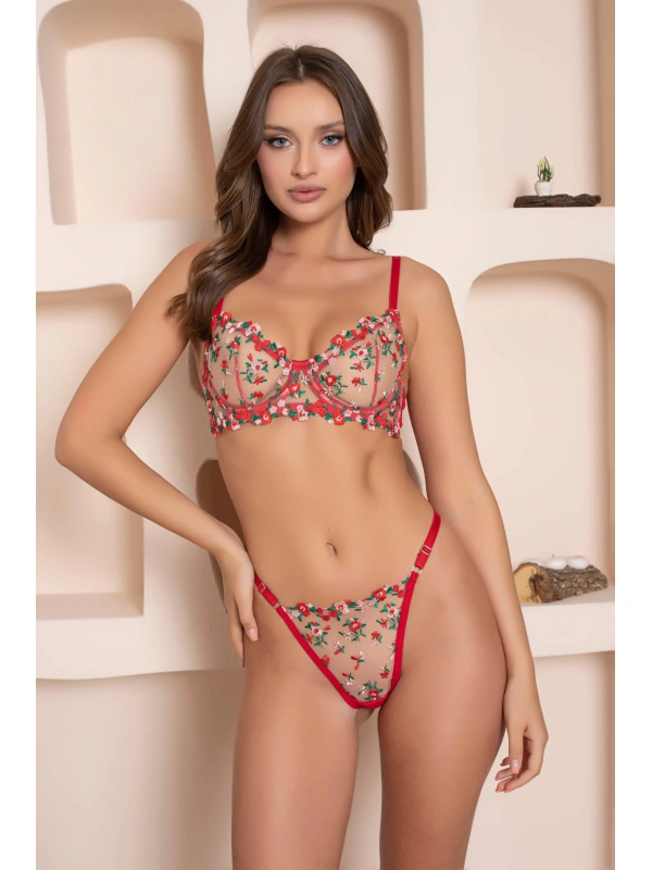 Balenli Çiçek Desenli Kırmızı Brode Sütyen Takımı