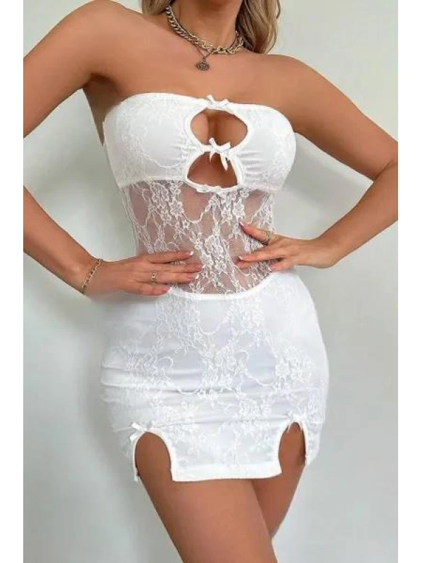Beyaz Dantel İşlemeli Göğüs Dekolteli Seksi 5081