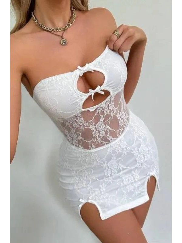 Beyaz Dantel İşlemeli Göğüs Dekolteli Seksi 5081