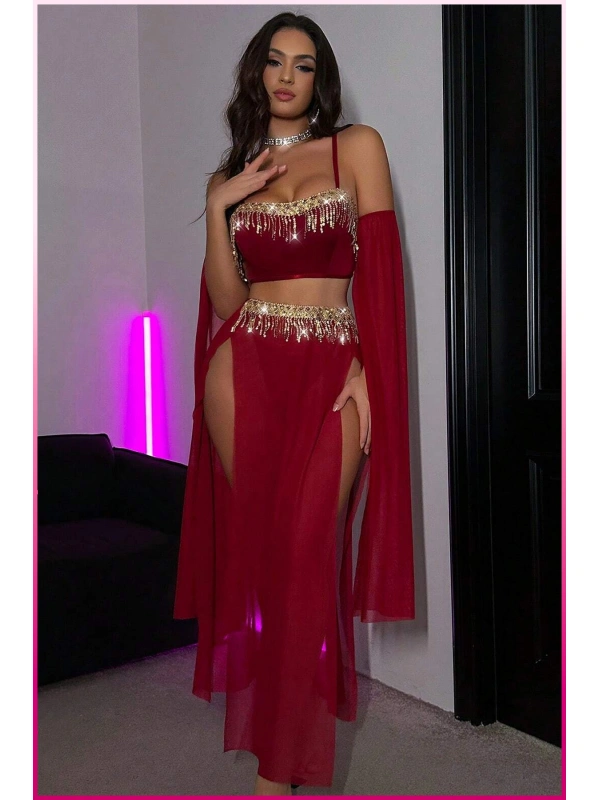 Bordo Pul Aksesuarlı Tül Etekli Kadın Seksi Gecelik