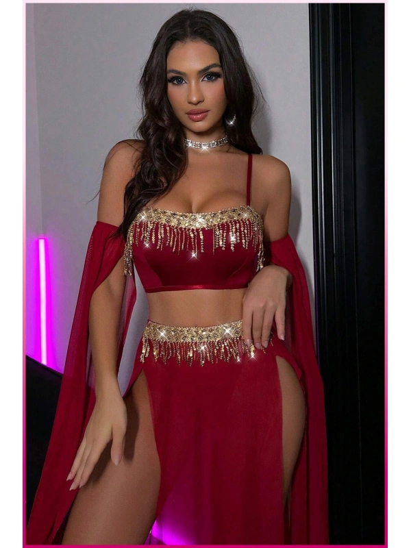 Bordo Pul Aksesuarlı Tül Etekli Kadın Seksi Gecelik