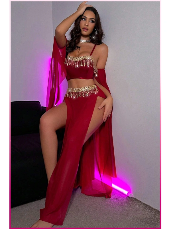 Bordo Pul Aksesuarlı Tül Etekli Kadın Seksi Gecelik