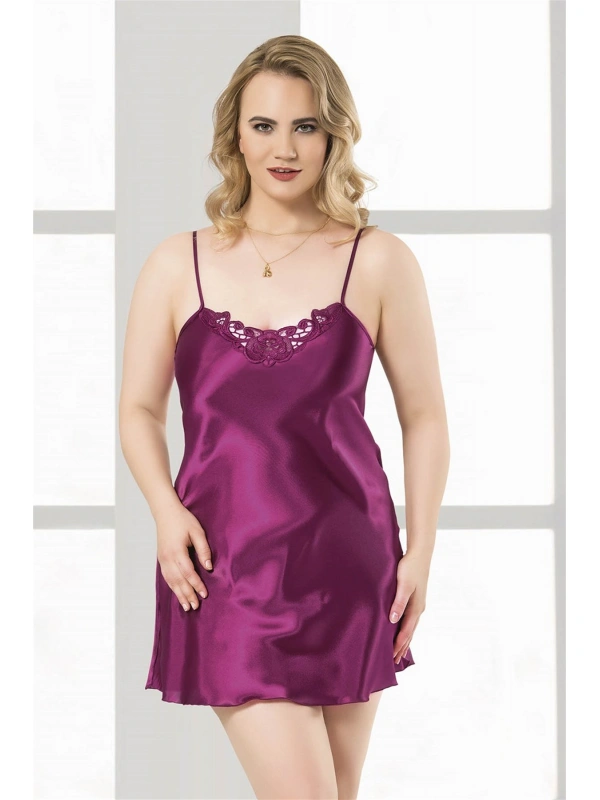 Büyük Beden Mor Kısa Saten Gecelik