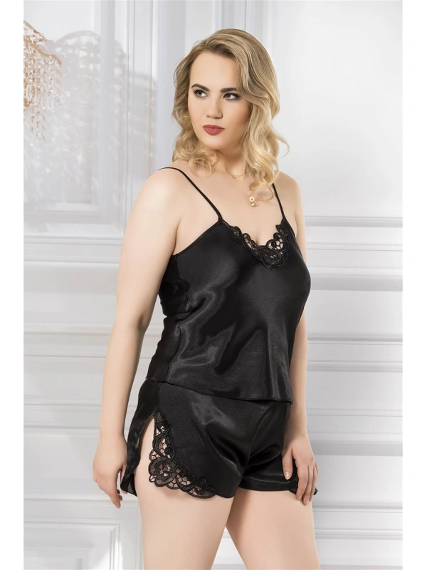 Büyük Beden Siyah Saten Babydoll Şort Takımı