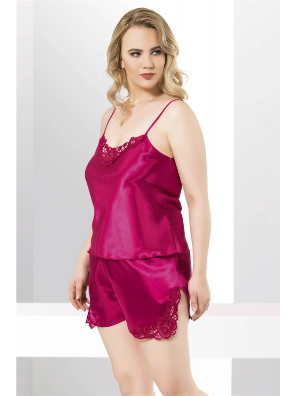 Büyük Beden Vişne Saten Babydoll Şort Takımı
