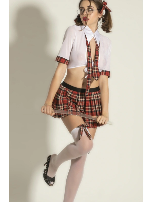 Fantezi Okul Kız Kostümü 5li Set - Transparan Gömlek, Mini Etek, Çorap Ve Kravat,toklar