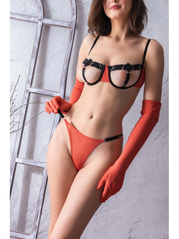 Fetiş Tarzı Turuncu Çıtçıtlı Sütyen Ve Eldiven, String Takım,transparan Detaylı Seksi İç Giyim