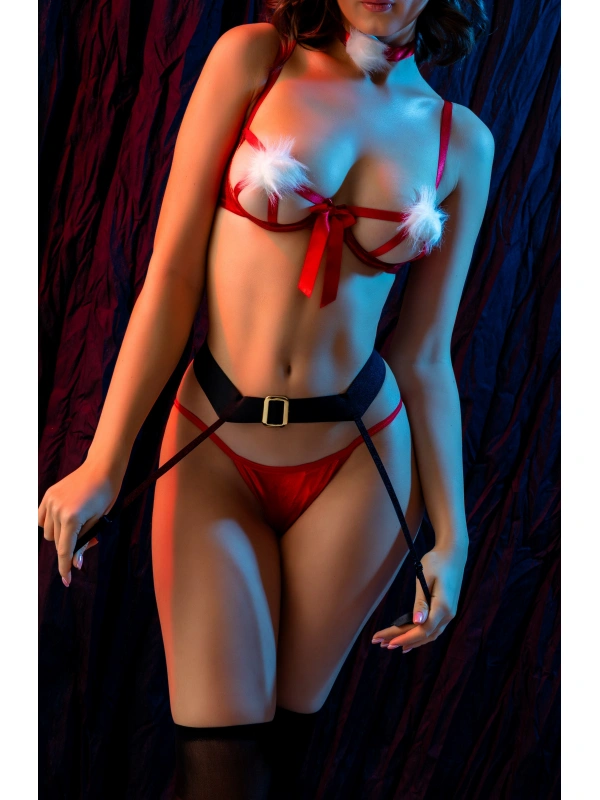 Göğüs Ucu Ponponlu Yılbaşı Kırmızı Fantazi Kostüm, Kadın Seksi Gecelik,jartiyer Takım,çorap Dahildir