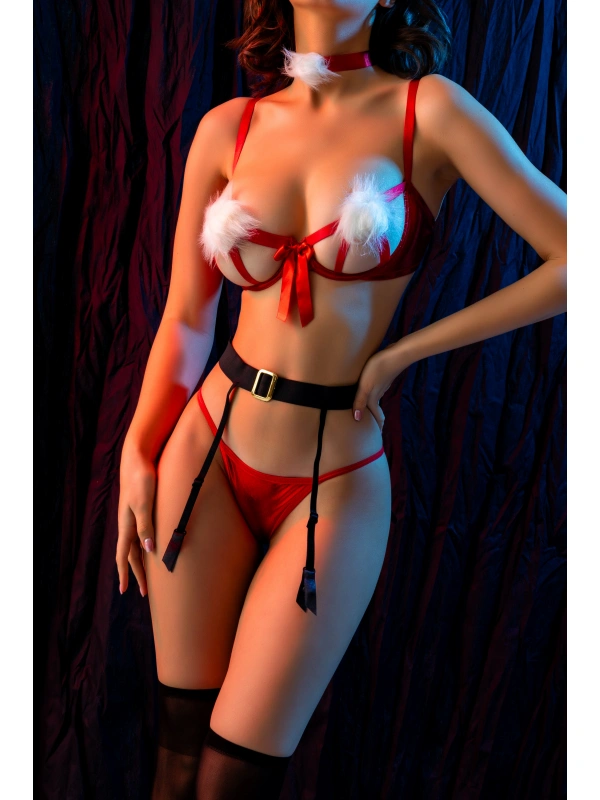 Göğüs Ucu Ponponlu Yılbaşı Kırmızı Fantazi Kostüm, Kadın Seksi Gecelik,jartiyer Takım,çorap Dahildir
