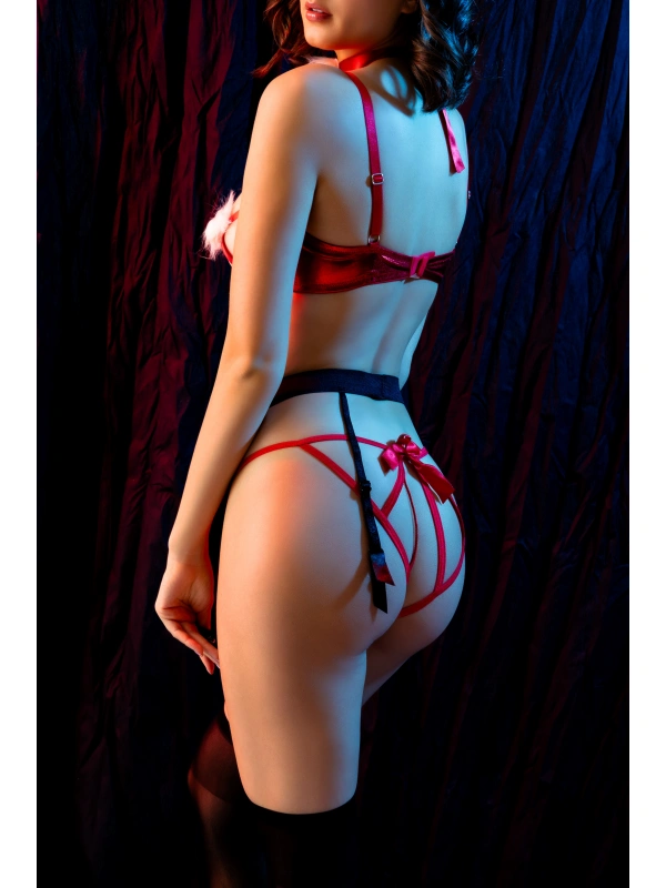 Göğüs Ucu Ponponlu Yılbaşı Kırmızı Fantazi Kostüm, Kadın Seksi Gecelik,jartiyer Takım,çorap Dahildir