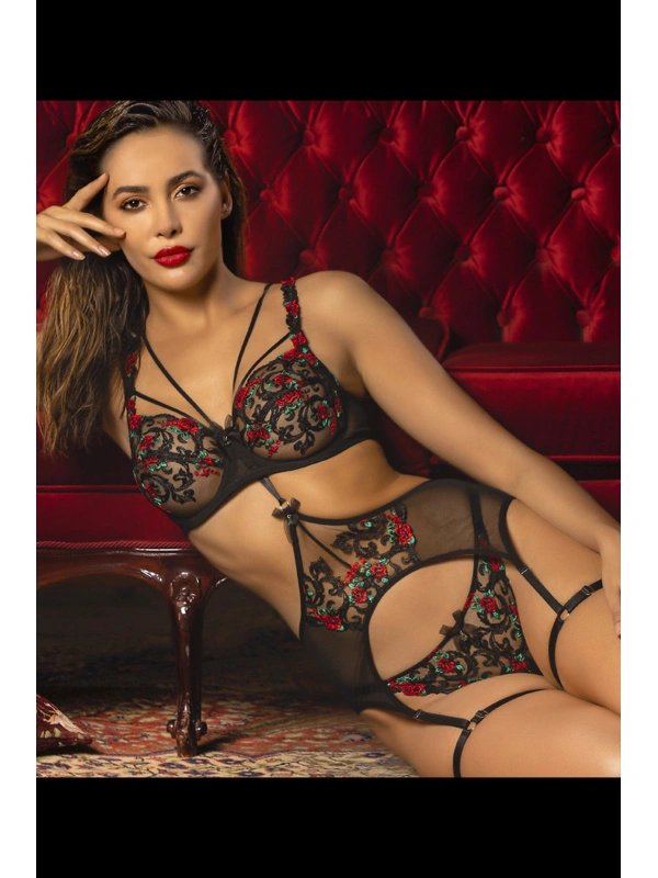 Golshan Grace Garter Lace Belt , Kadın Siyah Çiçekli Güpür Şık Jartiyer