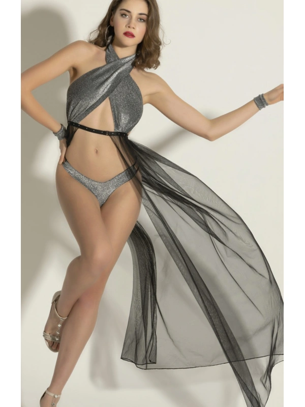 Gümüş Işıltılı Tül Detaylı Seksi Fantezi İç Giyim Seti,3 Parça Seksi Fantazi Kostüm