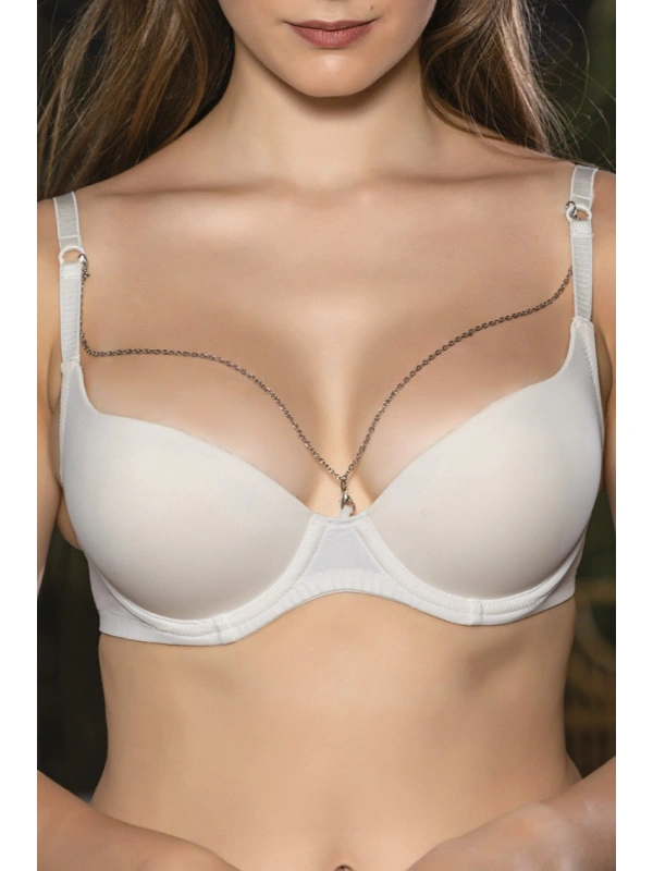 Günlük Kullanıma Uygun Ekru Zincir Aksesuarlı Yarım Push-up Sütyen,destekli, Düşük Dekolte Uyumlu