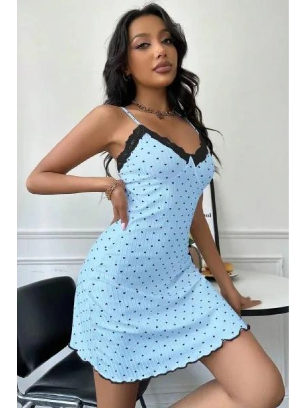 Kadın Bebe Mavisi Kalp Desenli Askılı Dantel Detaylı Elbise 5068