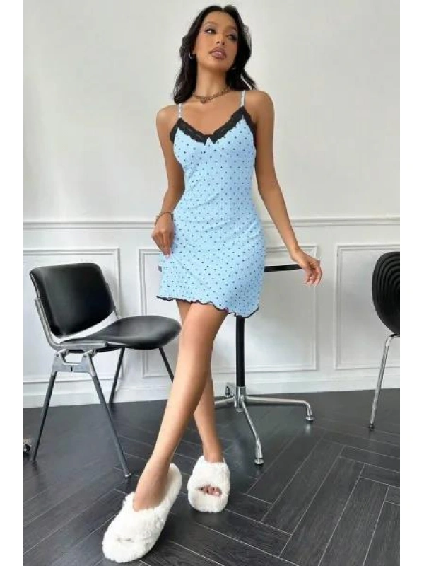 Kadın Bebe Mavisi Kalp Desenli Askılı Dantel Detaylı Elbise 5068