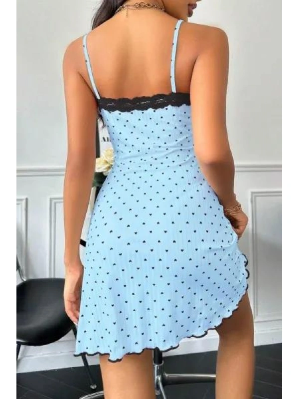 Kadın Bebe Mavisi Kalp Desenli Askılı Dantel Detaylı Elbise 5068