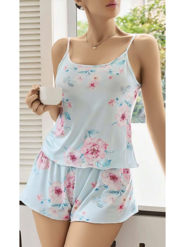 Kadın Bebek Mavisi Çiçek Desenli Askılı Şortlu Pijama Takım 5011