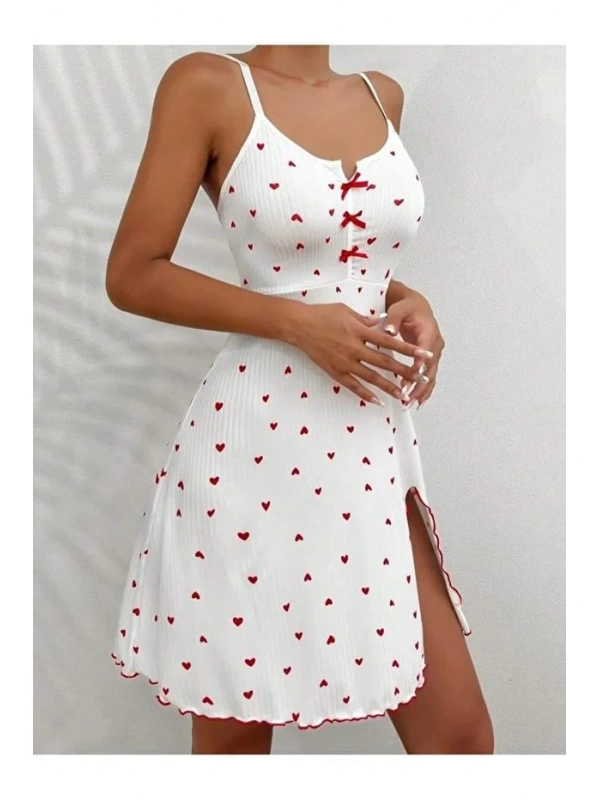Kadın Beyaz Kırmızı Kalp Desenli Askılı  Elbise 5066
