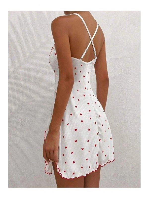 Kadın Beyaz Kırmızı Kalp Desenli Askılı  Elbise 5066