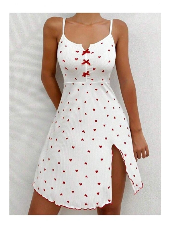 Kadın Beyaz Kırmızı Kalp Desenli Askılı  Elbise 5066