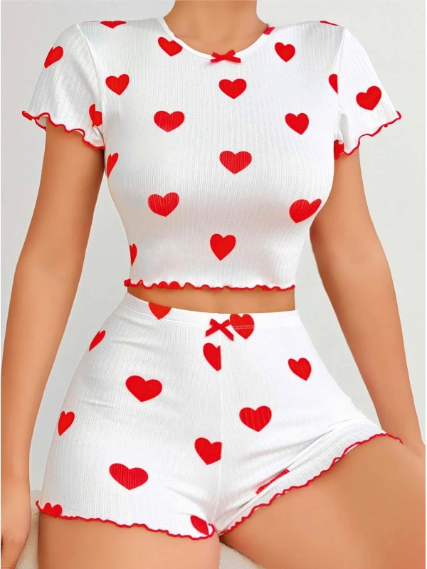 Kadın Beyaz Kırmızı Kalp Desenli Şortlu Gecelik Takım 5023
