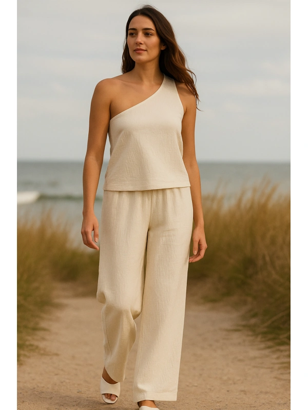 Kadın Beyaz Tek Omuzlu Şık Bluz & Geniş Paça Pantolon İkili Takım