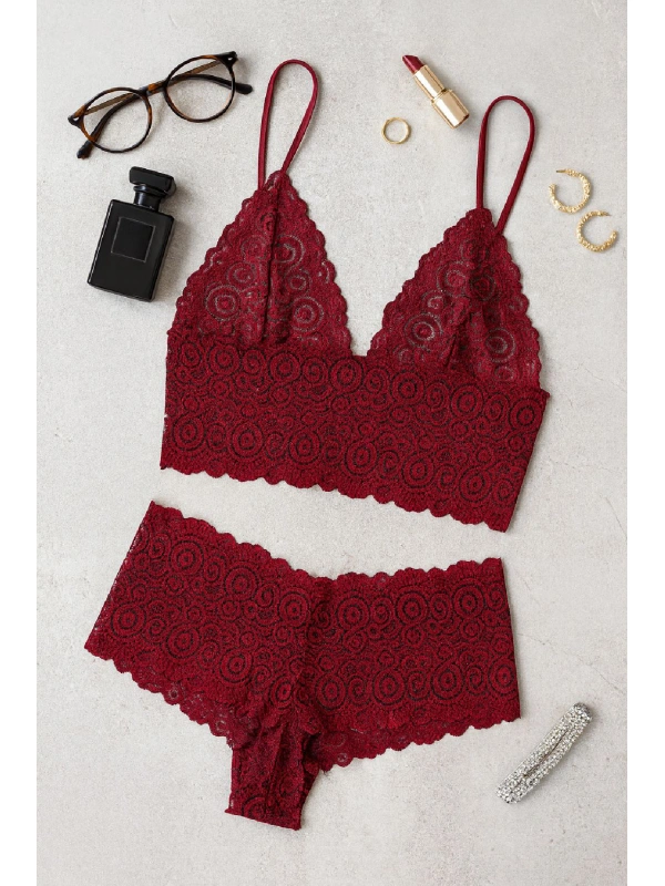 Kadın Bordo Dantel Bralet Şort Takımı – Asil Ve Sofistike İç Giyim