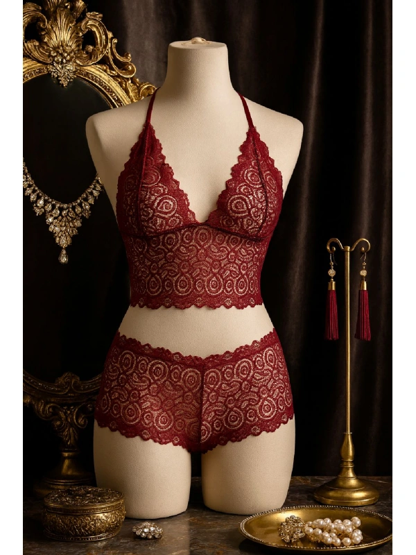 Kadın Bordo Dantel Bralet Şort Takımı – Asil Ve Sofistike İç Giyim