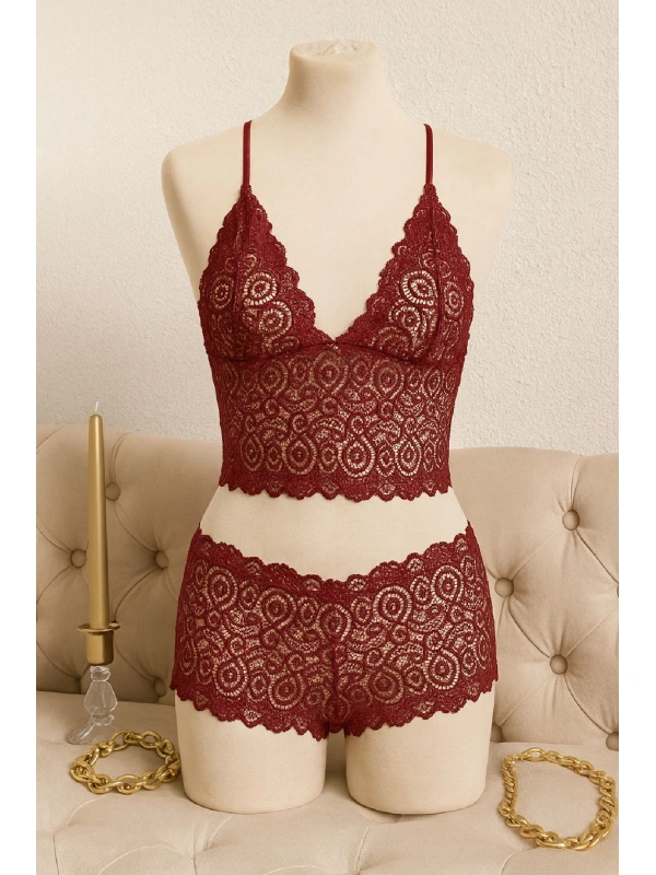 Kadın Bordo Dantel Bralet Şort Takımı – Asil Ve Sofistike İç Giyim