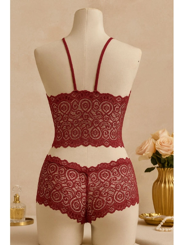 Kadın Bordo Dantel Bralet Şort Takımı – Asil Ve Sofistike İç Giyim