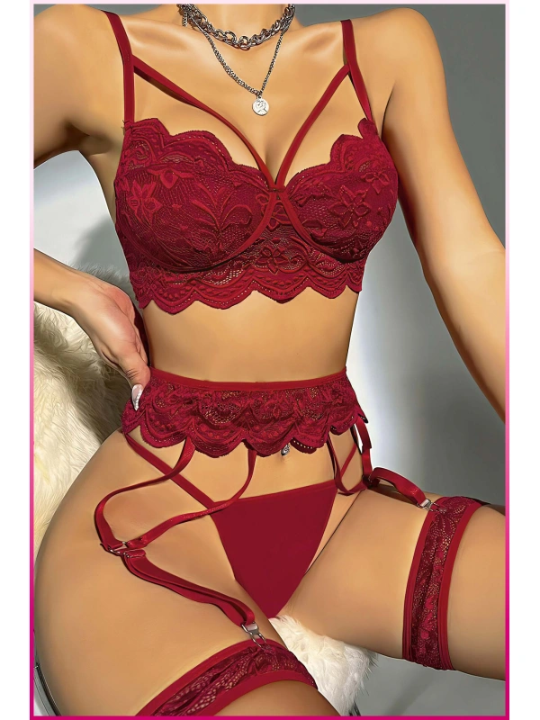 Kadın Bordo Dantel Detaylı Jartiyer Takım