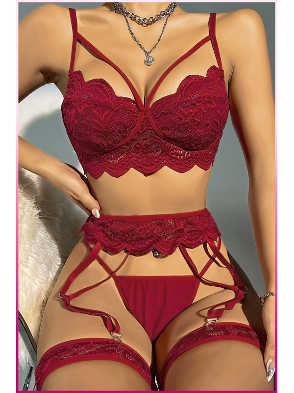 Kadın Bordo Dantel Detaylı Jartiyer Takım
