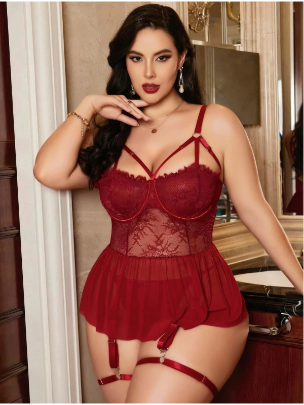 Kadın Bordo Dantelli Transparan Büyük Beden Fantezi Gecelik Takımı 8002