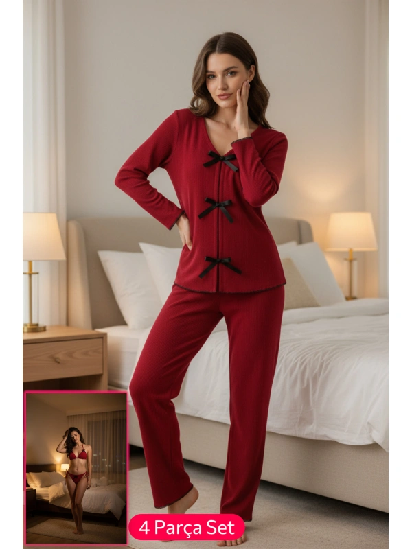 Kadın Bordo Fiyonklu İç Çamaşırı Ve Uzun Kollu V Yaka Pijama Takımı 4lü Set